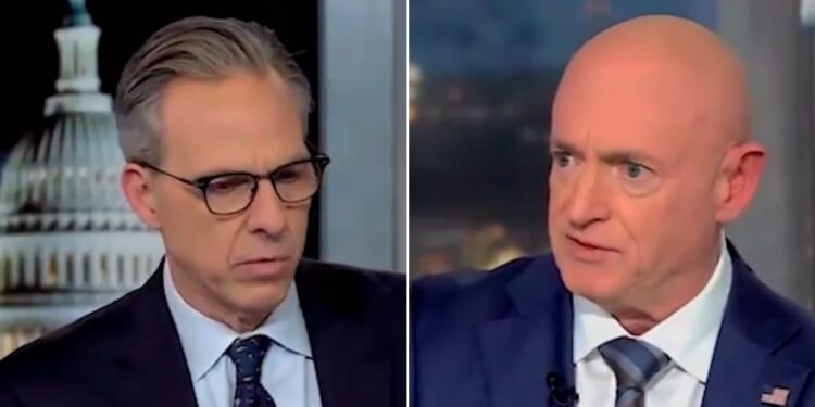 Sen. Mark Kelly, of Arizona, right, one of the Democratic Party lawmakers who appeared in the recent "Seditious Six" video, served up a word salad when CNN's Jake Tapper, left, asked whether U.S. troops should have refused President Donald Trump's orders regarding the capture of Venezuelan dictator Nicolás Maduro.