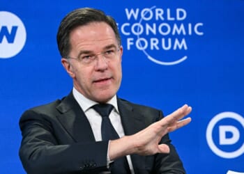 NATO Secretary General Mark Rutte gestures as he speaks during the World Economic Forum annual meeting in Davos on Jan. 21, 2026.