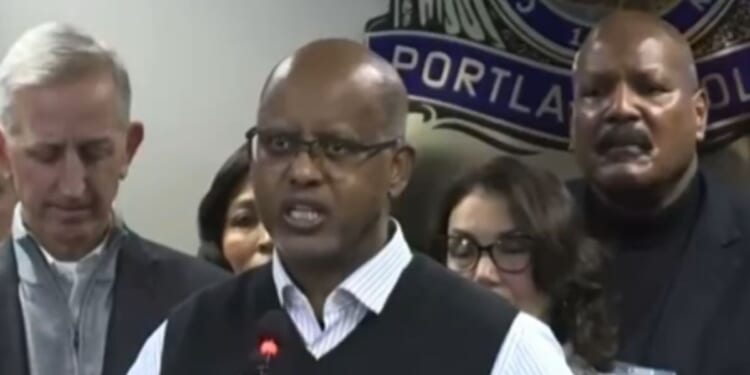 Oregon Democratic state Sen. Kayse Jama spoke at a podium in Portland on Jan. 8, 2026, where he, in broken English, condemned ICE and told them to get out of the city.