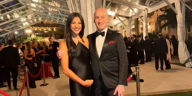 Katie Miller, a podcaster and Stephen Miller’s wife, posted a photo of herself with a visible baby bump at Mar-a-Lago on Dec. 31, 2025.