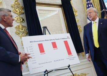 President Donald Trump discusses economic data with Stephen Moore in the Oval Office on Aug. 7, 2025, in Washington, D.C.