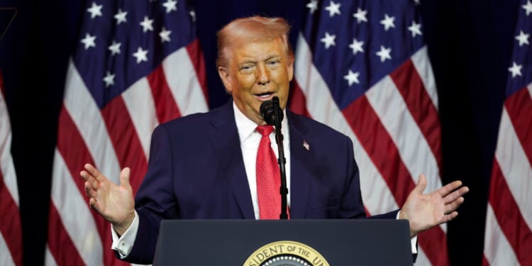 President Donald Trump addresses a House Republican retreat at the John F. Kennedy Center for the Performing Arts on Jan. 6, 2026, in Washington, D.C.