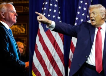 President Donald Trump, right, told followers in a social media post that Minnesota Democrats (including Gov. Tim Walz, left,) "love the unrest that anarchists and professional agitators are causing because it gets the spotlight off of the 19 Billion Dollars that was [stolen] by really bad and deranged people."