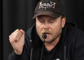 Former reality TV star Spencer Pratt speaks in November before a U.S. Senate field hearing on last year's California wildfires. The hearing was held in an American Legion post in Pacific Palisades. (Myung J. Chun / Los Angeles Times via Getty Images)