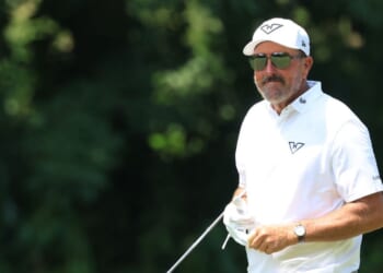 Phil Mickelson of Hyflyers GC walks the 16th fairway on day two of LIV Golf Indianapolis at The Club at Chatham Hills on Aug. 16, 2025, in Westfield, Indiana.