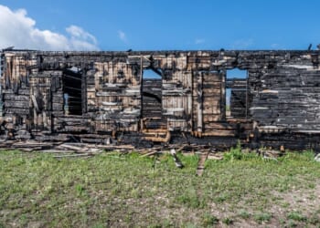 The ruins of a church burned in a fire in Morley, Alberta.