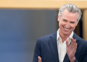 California Gov. Gavin Newsom applauds during an event hosted by the South Carolina Democratic Party at the Carter-Sullivan American Legion on Feb. 23, 2026, in Manning, South Carolina.