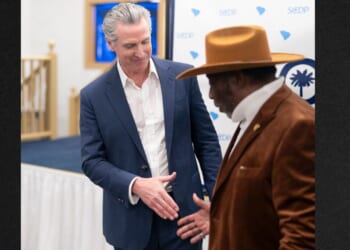 California Gov. Gavin Newsom greets people during an event hosted by the South Carolina Democratic Party Monday in Manning, South Carolina.