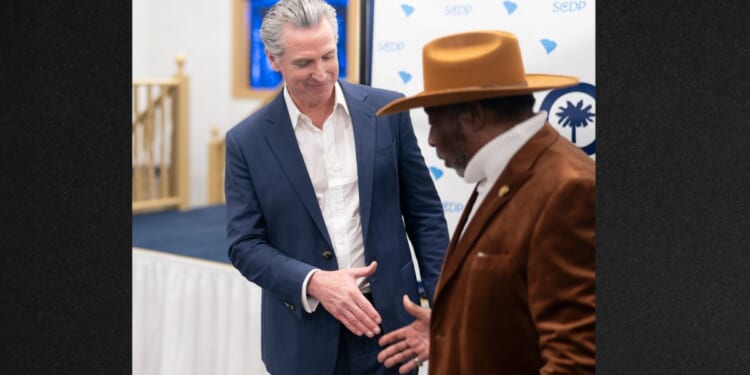 California Gov. Gavin Newsom greets people during an event hosted by the South Carolina Democratic Party Monday in Manning, South Carolina.