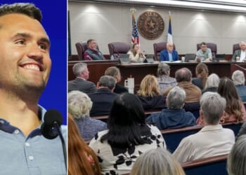 A county commission in Texas tabled the notion of renaming a section of highway after slain conservative icon Charlie Kirk, left. after some liberals showed up to complain.