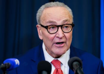 Senate Minority Leader Chuck Schumer speaks during a news conference ahead of Trump's State of the Union address on Feb. 24, 2026 in Washington, DC.
