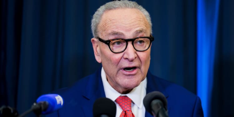 Senate Minority Leader Chuck Schumer speaks during a news conference ahead of Trump's State of the Union address on Feb. 24, 2026 in Washington, DC.