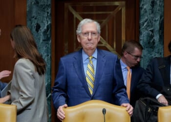Sen. Mitch McConnell looks on before a hearing with the Senate Appropriations Committee in the Dirksen Senate Office Building on June 11, 2025, in Washington, D.C.
