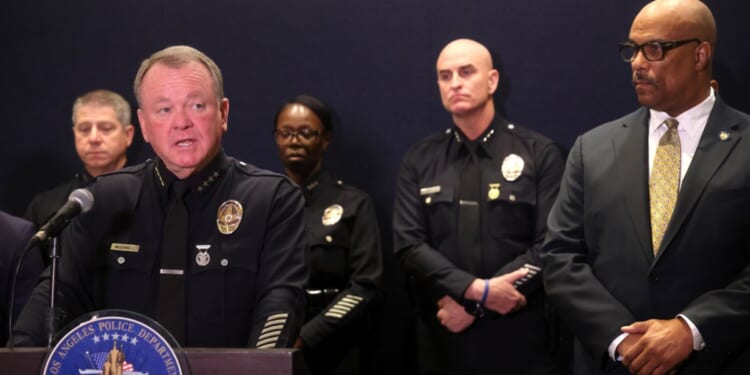 LAPD Chief Jim McDonnell holds a news conference to announce that crime in Los Angeles fell nearly across the board in 2025 at the Los Angeles Police Department Headquarters in downtown Los Angeles on Jan. 29, 2026.