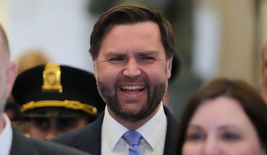Vice President J.D. Vance arrives before President Donald Trump delivers the State of the Union address to a joint session of Congress in the House chamber at the U.S. Capitol in Washington, Tuesday, Feb. 24, 2026. (AP Photo/Mark Schiefelbein)