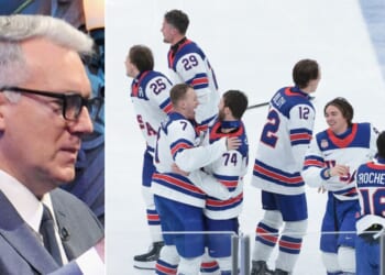 Former sports broadcaster Keith Olbermann, left, heaped scorn on the USA men's hockey team for accepting President Donald Trump's invitation.