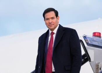 Secretary of State Marco Rubio disembarks from his plane on Feb. 13, 2026, before attending the Munich Security Conference in Munich, Germany.