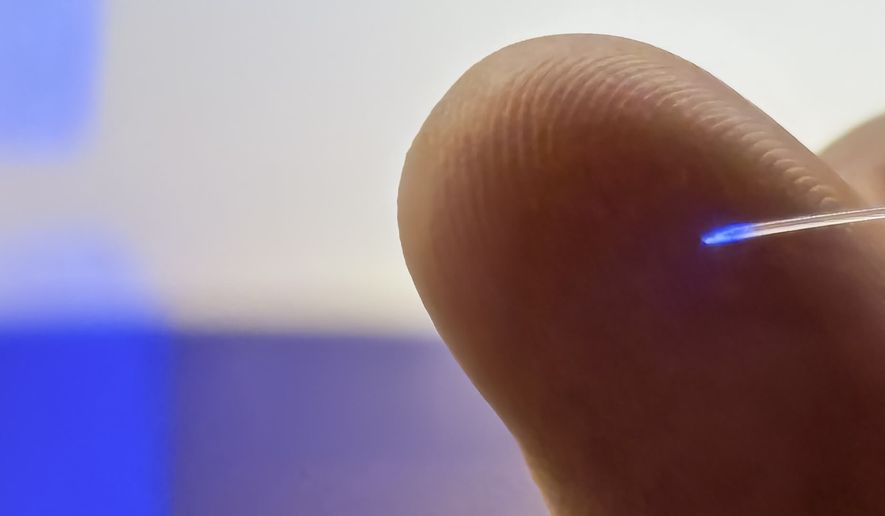 The fiber in the brain implant is less than half a millimeter thick and is so flexible that it moves with the brain instead of cutting through the tissue. (Photo: Peter Aagaard Brixen)