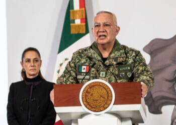 Mexican Secretary of National Defense, Ricardo Trevilla Trejo, speaks during the daily morning briefing at Palacio Nacional on Feb. 23, 2026, in Mexico City, Mexico.