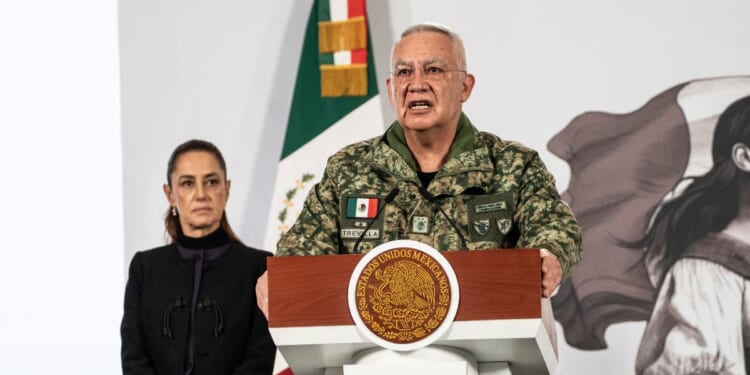 Mexican Secretary of National Defense, Ricardo Trevilla Trejo, speaks during the daily morning briefing at Palacio Nacional on Feb. 23, 2026, in Mexico City, Mexico.