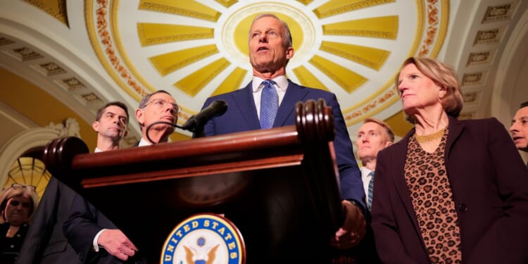 Senate Majority Leader John Thune, a South Dakota Republican, speaks Tuesday at the U.S. Capitol in Washington, DC.