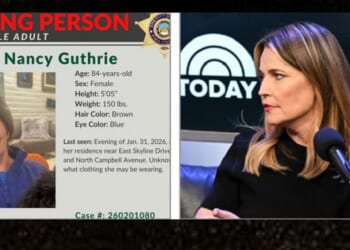 A missing persons poster, left, for Nancy Guthrie, mother of "Today" show host Savannah Guthrie, right.