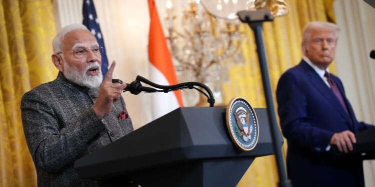 President Donald Trump and Indian Prime Minister Narendra Modi hold a joint news conference in the East Room at the White House on Feb. 13, 2025, in Washington, D.C.