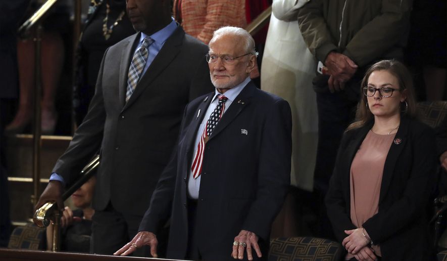 Astronaut Buzz Aldrin arrives for President Donald Trump's State of the Union address to a joint session of Congress on Capitol Hill in Washington, Tuesday, Feb. 5, 2019. (AP Photo/Andrew Harnik)