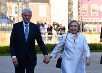 Former Secretary of State Hillary Clinton and former President Bill Clinton arrive at Hillsborough Castle for the Gala dinner to mark the 25th anniversary of the Belfast/Good Friday Agreement on April 19, 2023, in Belfast, Northern Ireland.