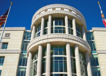 The courthouse landmark architecture in the historic district of Salt Lake City, Utah.