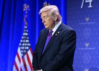 President Donald Trump bows his head in prayer during the National Prayer Breakfast at the Washington Hilton in Washington, D.C., on Feb. 5, 2026.