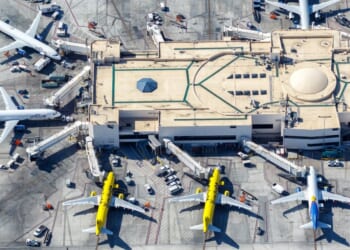 An overhead shot of airplanes parked at Los Angeles Airport on Nov. 4, 2022.
