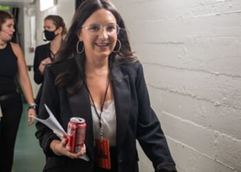 Bari Weiss backstage at the Ace Hotel preparing for a debate on Sept.13, 2023.