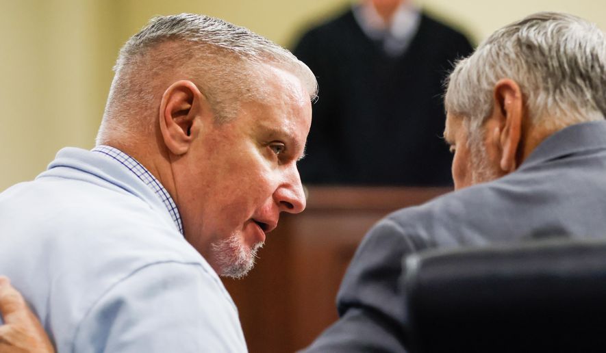 Colin Gray listens to his attorney during closing arguments in his trial at Barrow County Courthouse in Winder, Ga., on Monday, March 2, 2026. (Abbey Cutrer/Atlanta Journal-Constitution via AP)
