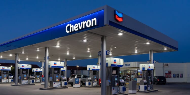 A night view of a Chevron gas station at night in Dallas, Texas, on March 19, 2022.