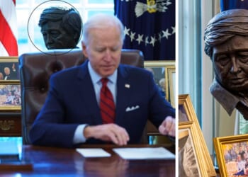 A sculpted bust of disgraced farmworker union organizer Cesar Chavez is seen in during an "early preview" of the redesigned Oval Office awaiting President Joe Biden Jan. 20, 2021, right, and again behind Biden among his family photos on Jan. 28 of that same year.