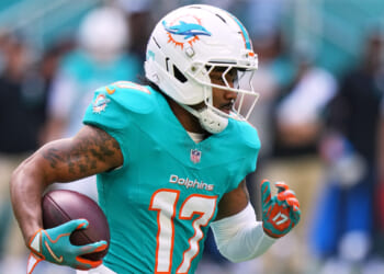 Miami Dolphins wide receiver Jaylen Waddle runs during the first half of an NFL football game against the Tampa Bay Buccaneers on Dec. 28, 2025, in Miami Gardens, Florida.