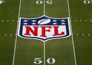 The NFL logo is pictured on the field at Levi's Stadium in Santa Clara, California, prior to Super Bowl LX.