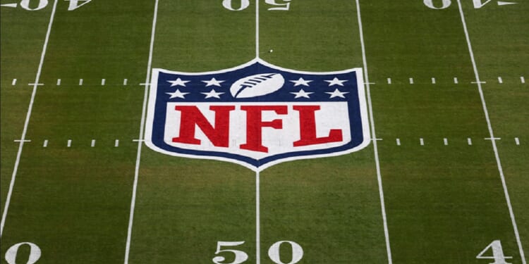 The NFL logo is pictured on the field at Levi's Stadium in Santa Clara, California, prior to Super Bowl LX.