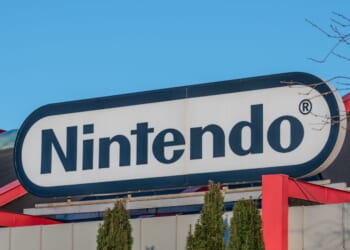 The Nintendo logo on top of a building entrance in Kungsbacka, Sweden, on Jan. 30, 2022.