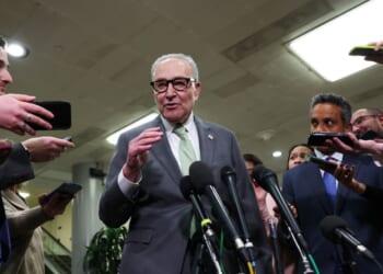 Senate Minority Leader Chuck Schumer speaks to the media while attending congressional briefings on Iran at the U.S. Capitol on March 3, 2026, in Washington, D.C.