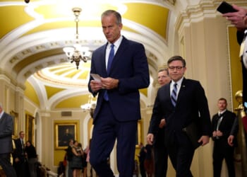 Senate Majority Leader John Thune and Speaker of the House Mike Johnson arrive to speak to members of the media following the Republican Senate Policy Luncheon at the U.S. Capitol on Oct. 7, 2025, in Washington, D.C.