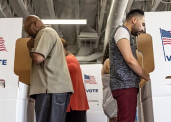 Multiple people vote at a line of polling booths.