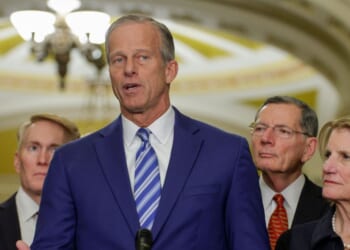 Senate Majority Leader John Thune speaks during a news briefing after a weekly Senate Republican Policy Luncheon at the U.S. Capitol on March 24, 2026, in Washington, D.C.