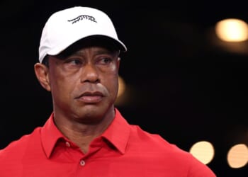 Tiger Woods watches after a match against the Los Angeles Golf Club at SoFi Center in Palm Beach Gardens, Florida, on March 24, 2026.