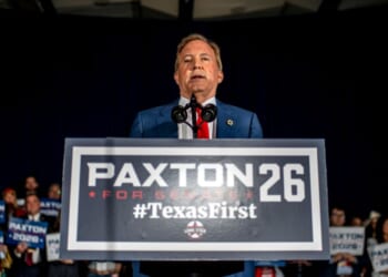 U.S. Senate candidate Ken Paxton speaks to supporters at a watch party on March 3, 2026, in Dallas, Texas.
