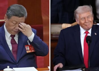 President of the People's Republic of China Xi Jinping (Left) rubs his eye in the Great Hall of The People in Beijing on March 5, 2026. President Donald Trump (Right) smiles at podium in the House of Representatives chamber as he gives his State of the Union address on Feb. 24, 2026.