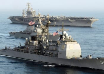 U.S. warships travel through the Gulf of Oman on May 22, 2007.