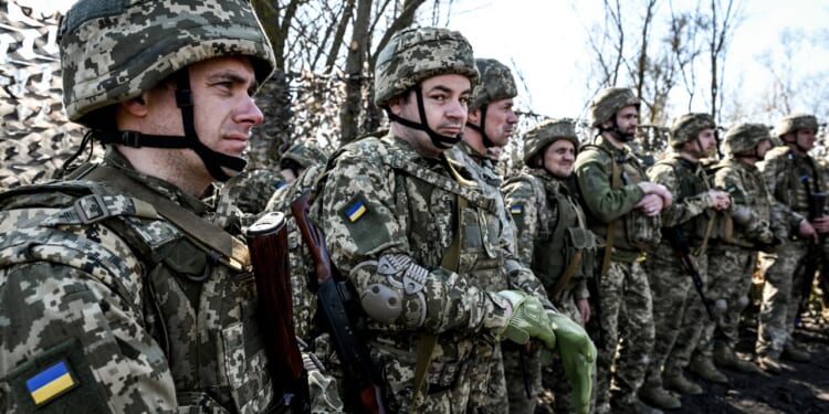 Ukrainian Armed Forces recruits standing in line