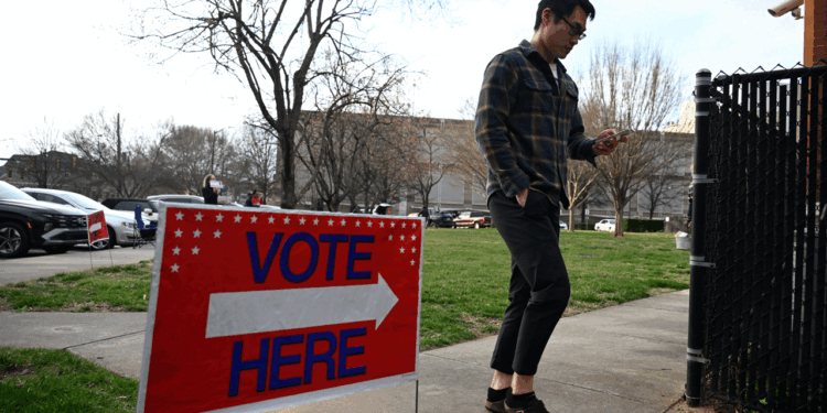 Mecklenburg County voters go to polls for the midterm elections in a total of 195 precincts as the Board of Elections receives the ballots in Charlotte NC, United States on March 03, 2026 (Peter Zay/Anadolu via Getty Images)